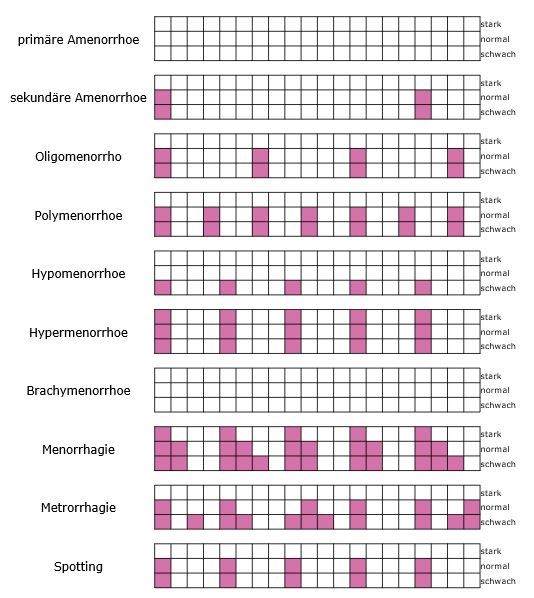 Übersicht der Ausnahmen: primäre Amenorrhoe Ausbleiben der Menarche trotz Vollendung des 16. Lebensjahres sekundäre Amenorrhoe Ausbleiben der Menstruation für über drei Monate Oligomenorrhoe zu seltene Regelblutung, die Blutungen finden dabei in Abständen von 6-12 Wochen statt Polymenorrhoe zu häufig auftretende Regelblutung, d.h. Abstände von weniger als 25 Tagen  Hypomenorrhoe abgeschwächte Regelblutung, d.h. weniger als 25 ml Blutverlust während der Periode Hypermenorrhoe verstärkte Regelblutung, d.h. mehr als 80 ml Blutverlust während der Periode Brachymenorrhoe verkürzte Regelblutung, d.h. die Periode ist kürzer als 3 Tage Menorrhagie verlängerte Regelblutung, d.h. die Periode ist länger als 7 Tage Metrorrhagie azyklische Blutungen oder Dauerblutungen außerhalb der Menstruationsphase Spotting Schmierblutungen, kurz vor  Eintritt der Menstruation